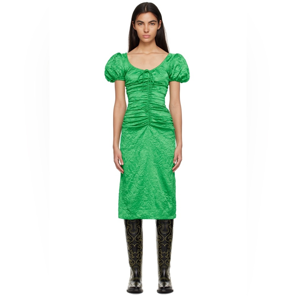 NWOT Ganni // Ruched Midi Dress with Puff Sleeves